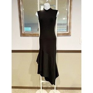 Topshop Long Black Cocktail Dress sz 4 High Neck Asymmetrical Hem Minimalist